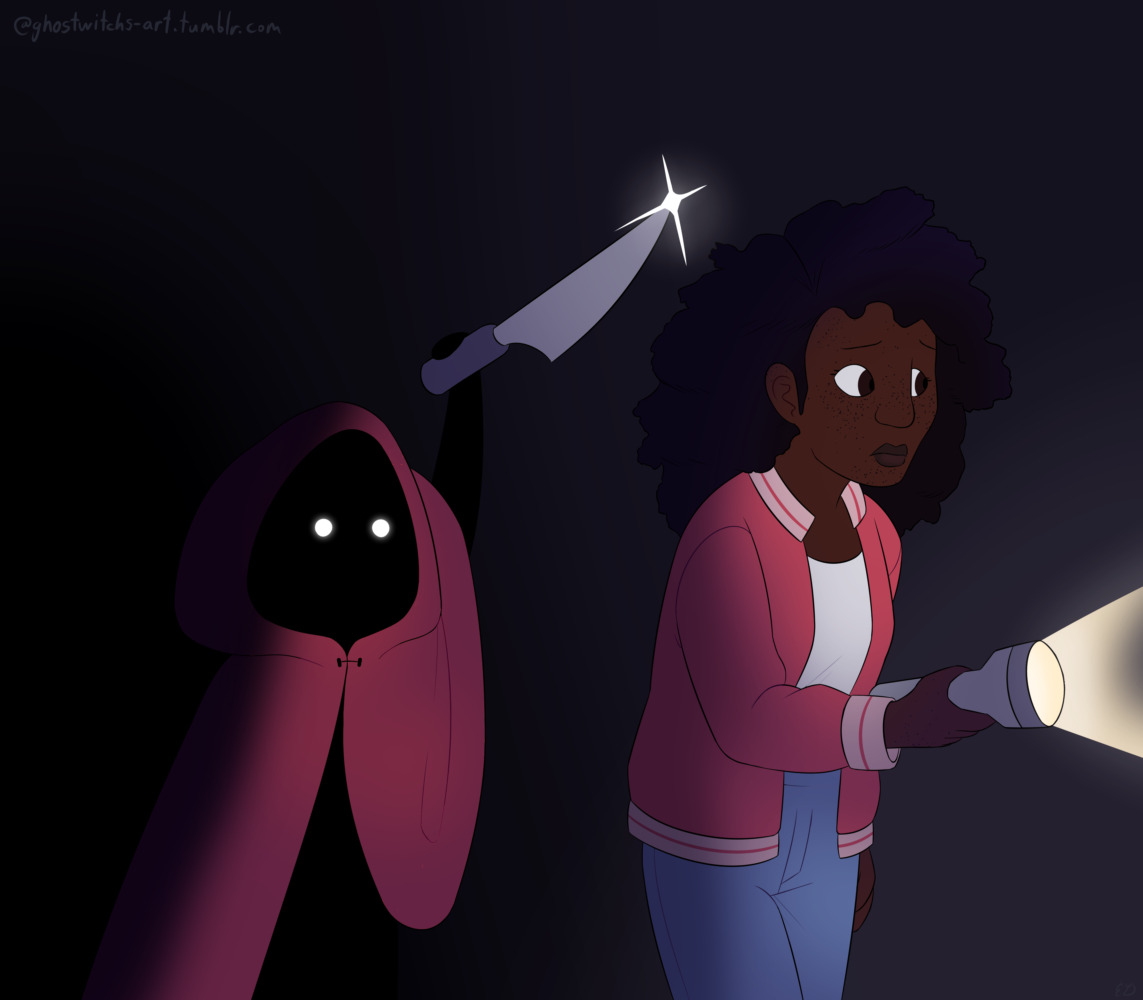 A lightly shaded painting of Jodie creeping through the dark, carrying a flashlight and a frightened expression. Behind her, Lilith raises a large knife.